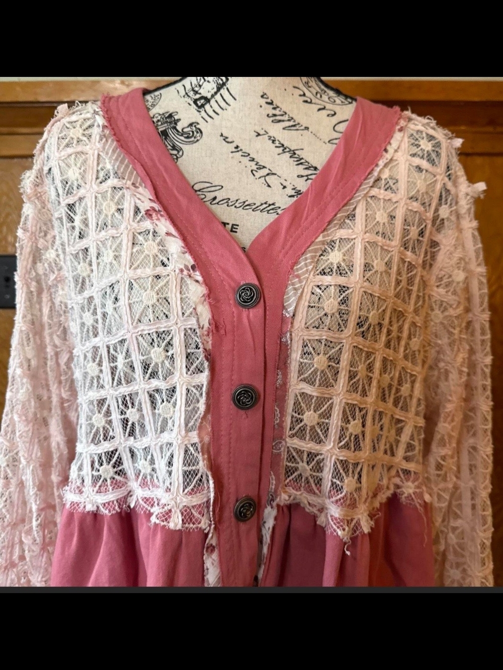 POL Pink Lace-Overlay Button Front Top